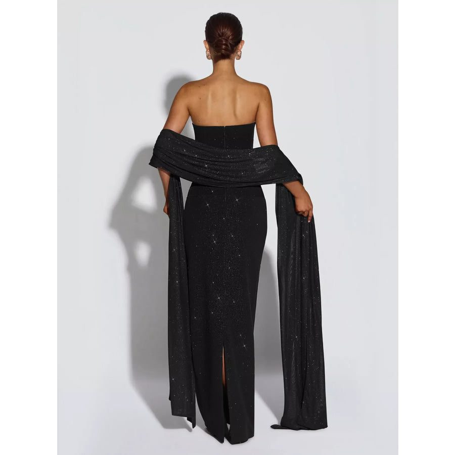Slit Glitter Tube Maxi Dress with Scarf Apparel and Accessories