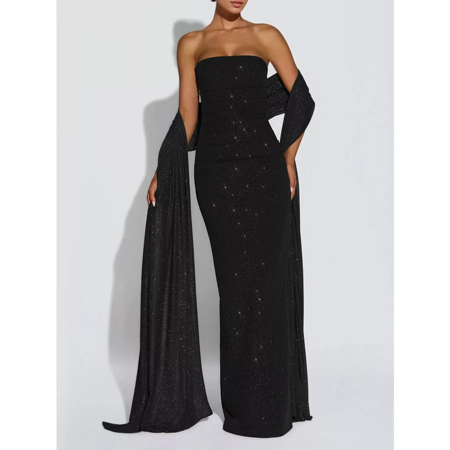 Slit Glitter Tube Maxi Dress with Scarf Apparel and Accessories