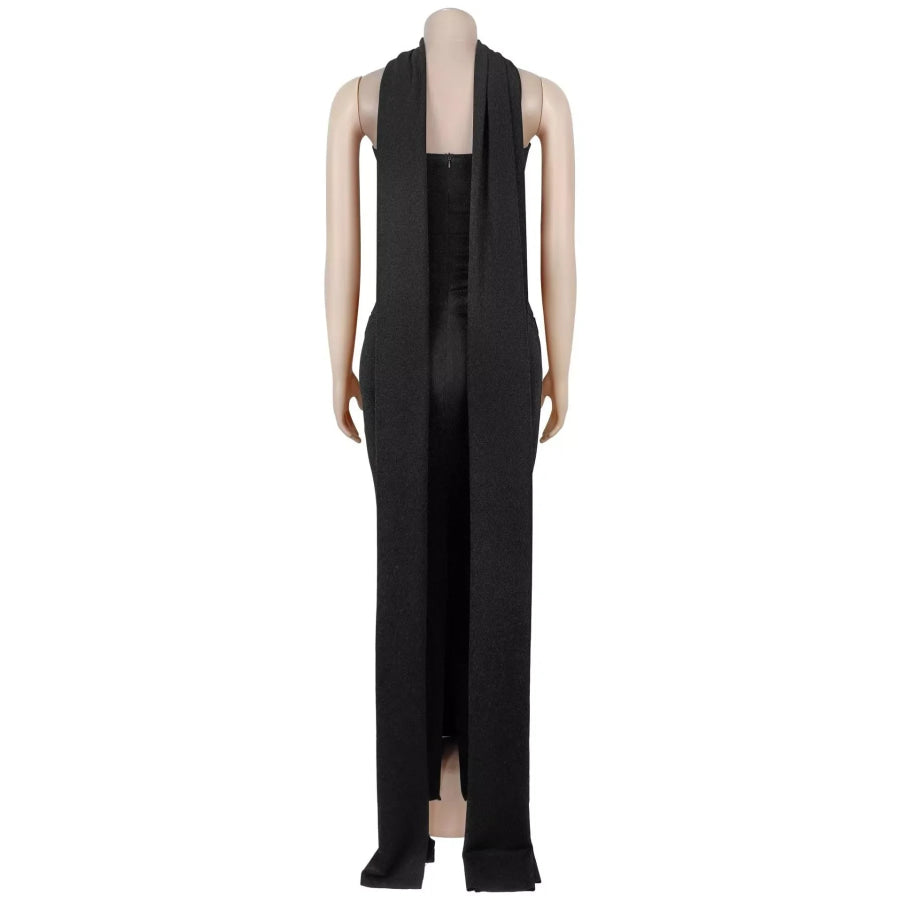 Slit Glitter Tube Maxi Dress with Scarf Apparel and Accessories