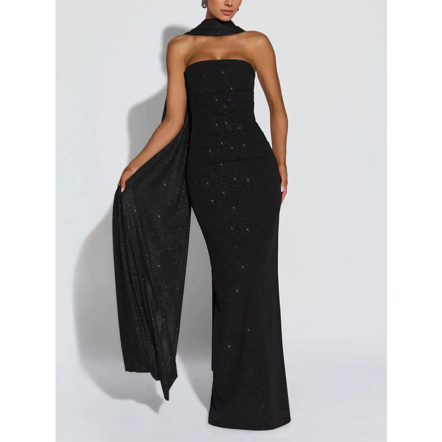 Slit Glitter Tube Maxi Dress with Scarf Black / S Apparel and Accessories
