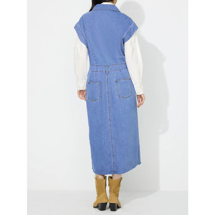 Slit Half Button Collared Neck Cap Sleeve Denim Dress Apparel and Accessories