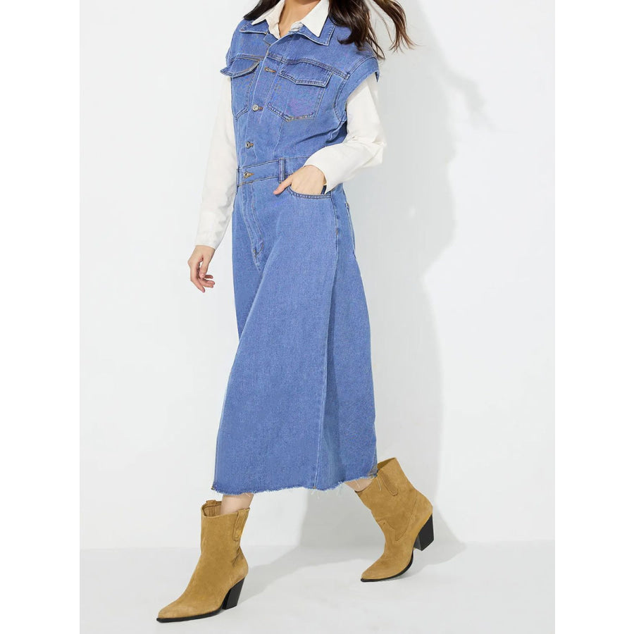 Slit Half Button Collared Neck Cap Sleeve Denim Dress Apparel and Accessories