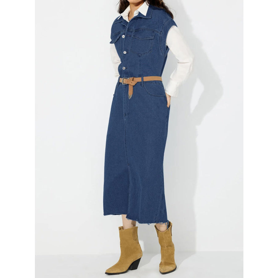 Slit Half Button Collared Neck Cap Sleeve Denim Dress Apparel and Accessories