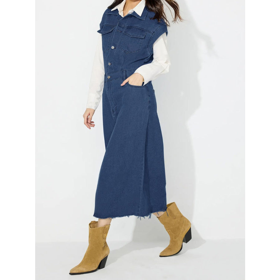 Slit Half Button Collared Neck Cap Sleeve Denim Dress Apparel and Accessories