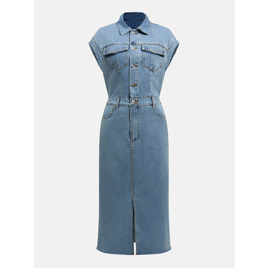 Slit Half Button Collared Neck Cap Sleeve Denim Dress Apparel and Accessories