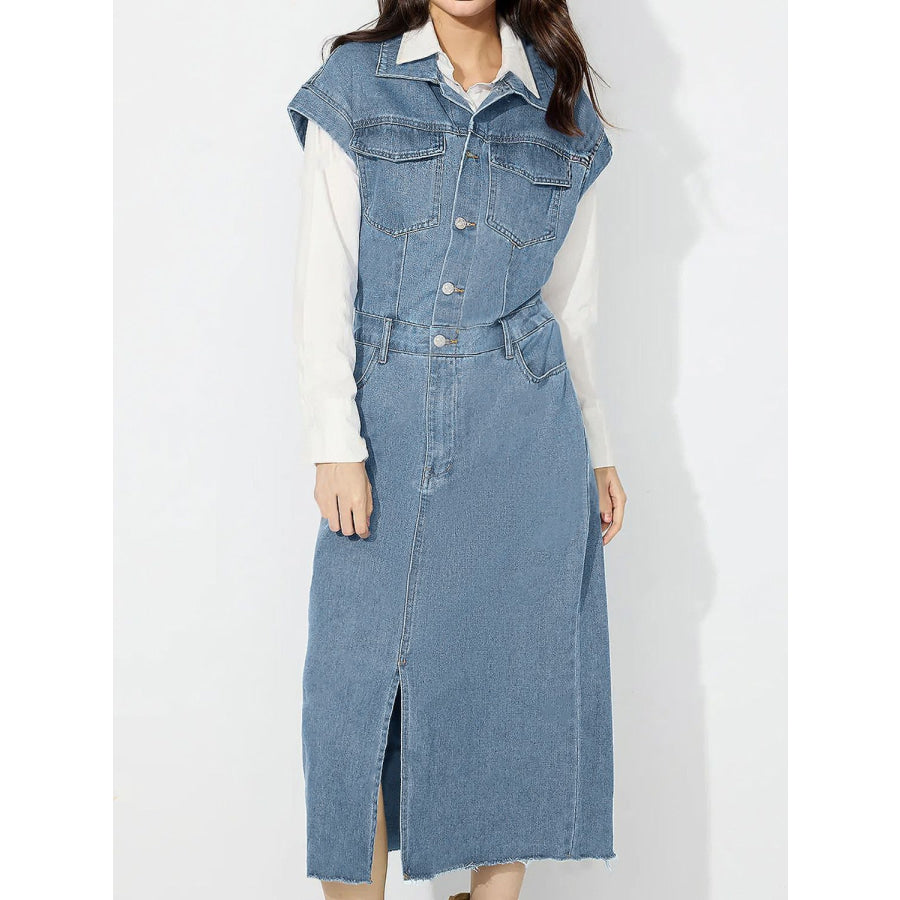 Slit Half Button Collared Neck Cap Sleeve Denim Dress Apparel and Accessories