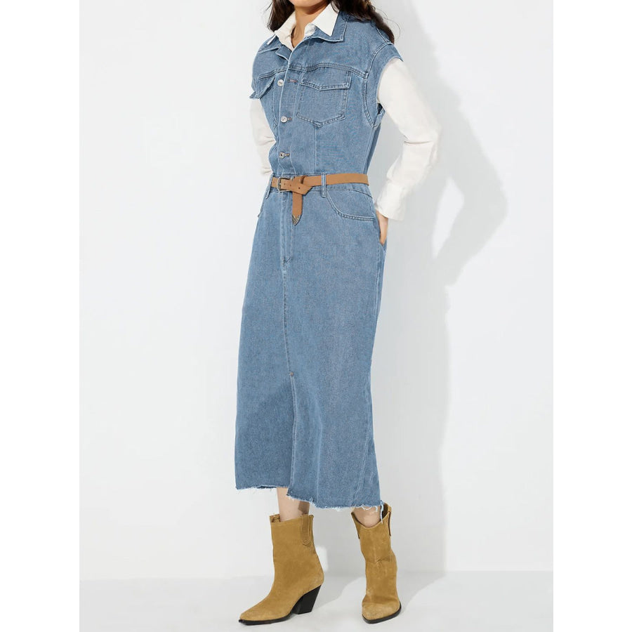 Slit Half Button Collared Neck Cap Sleeve Denim Dress Apparel and Accessories