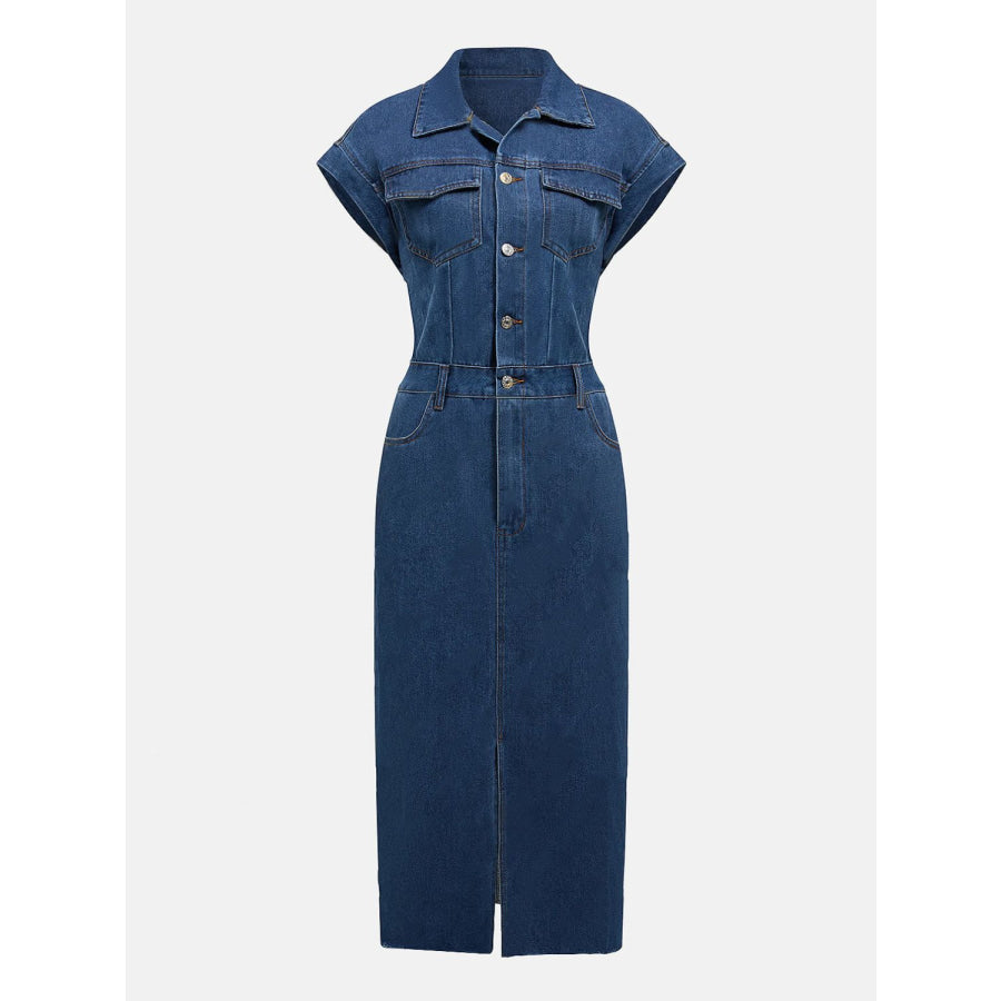 Slit Half Button Collared Neck Cap Sleeve Denim Dress Apparel and Accessories