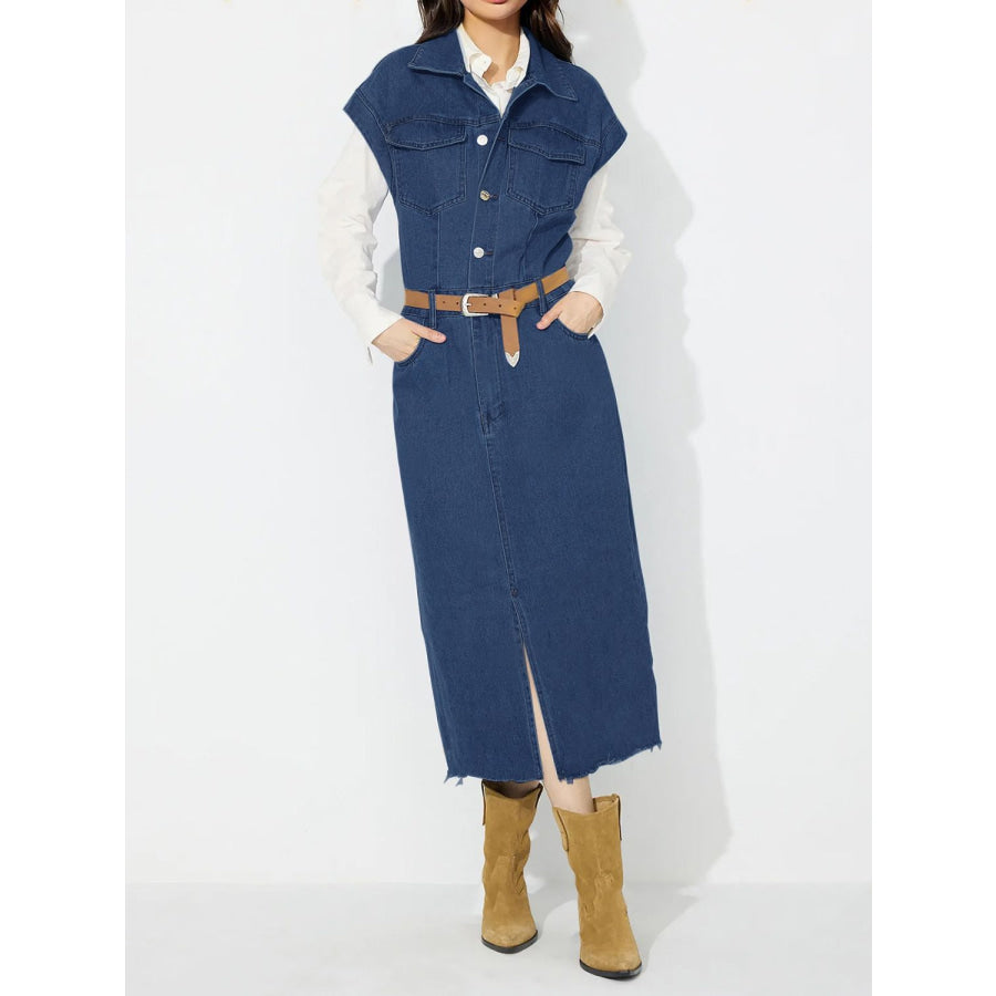 Slit Half Button Collared Neck Cap Sleeve Denim Dress Apparel and Accessories