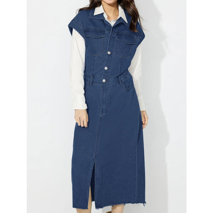 Slit Half Button Collared Neck Cap Sleeve Denim Dress Dark / S Apparel and Accessories