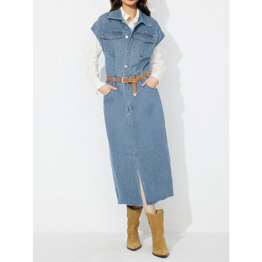 Slit Half Button Collared Neck Cap Sleeve Denim Dress Light / S Apparel and Accessories