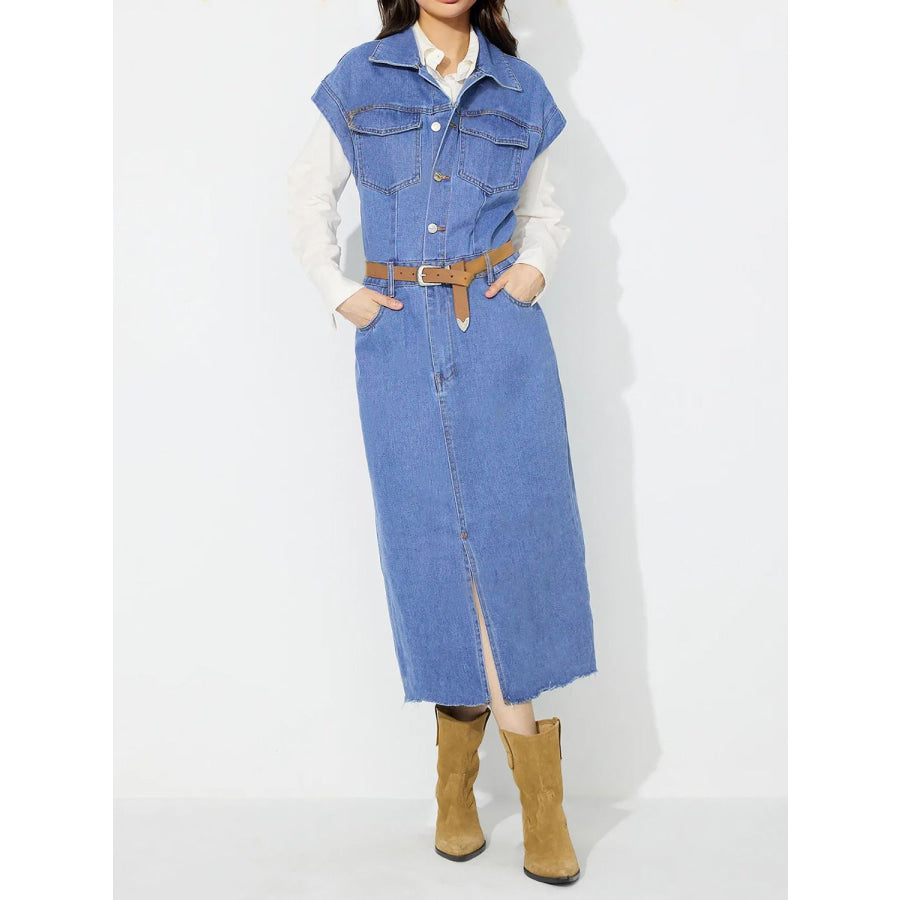 Slit Half Button Collared Neck Cap Sleeve Denim Dress Medium / S Apparel and Accessories