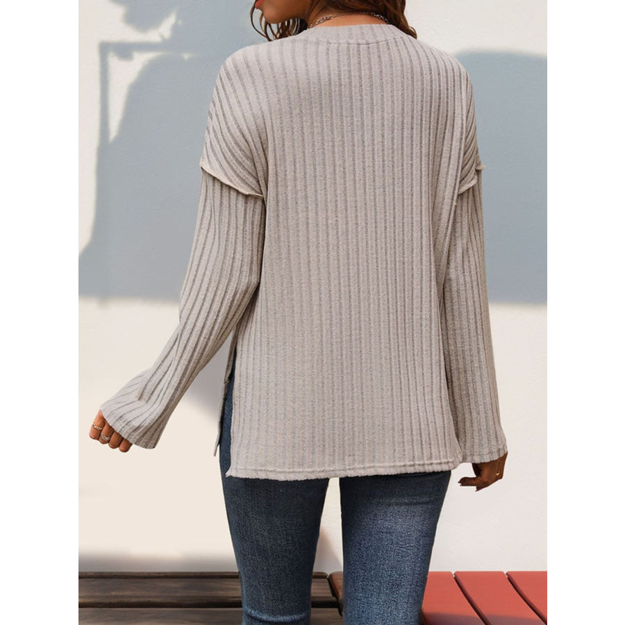 Slit Half Button Long Sleeve T-Shirt Tan / S Apparel and Accessories