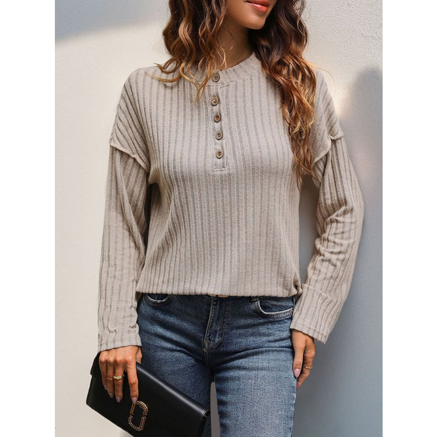 Slit Half Button Long Sleeve T-Shirt Tan / S Apparel and Accessories