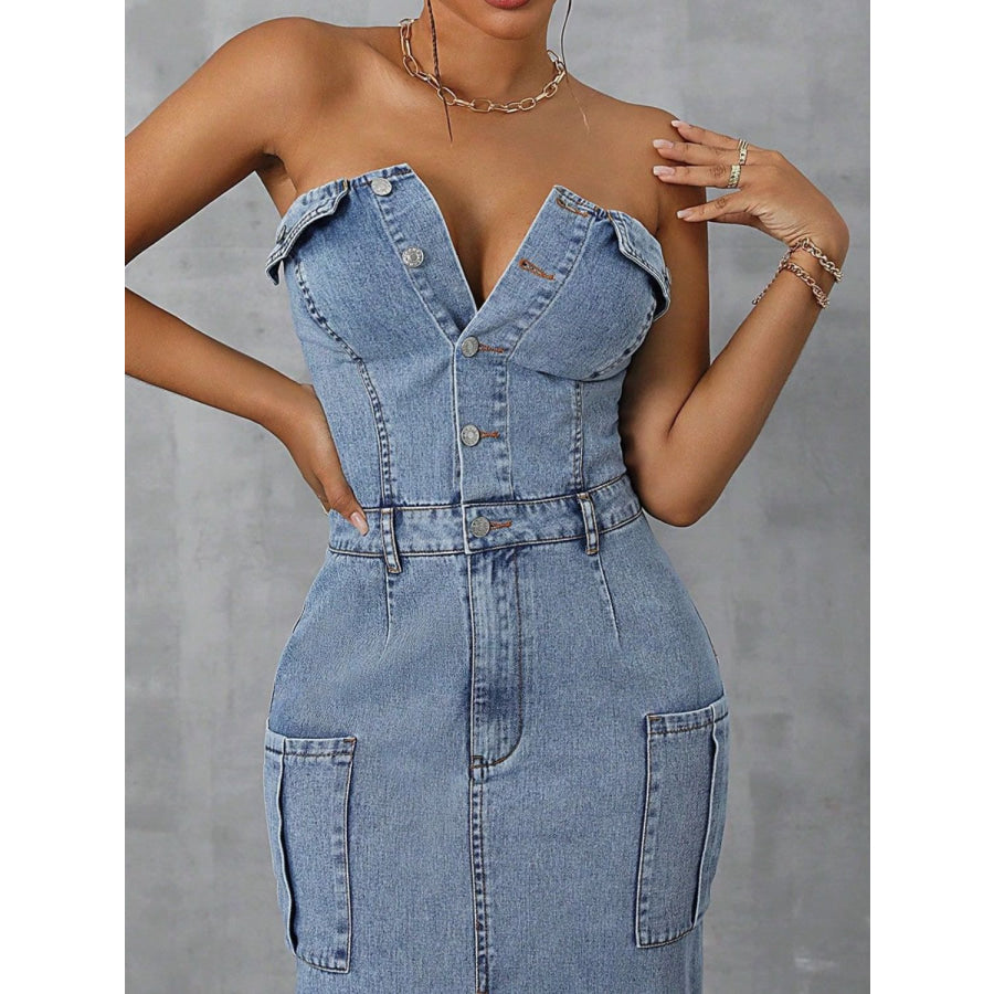 Slit Half Button Tube Denim Dress Apparel and Accessories