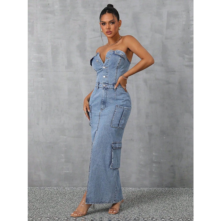 Slit Half Button Tube Denim Dress Apparel and Accessories