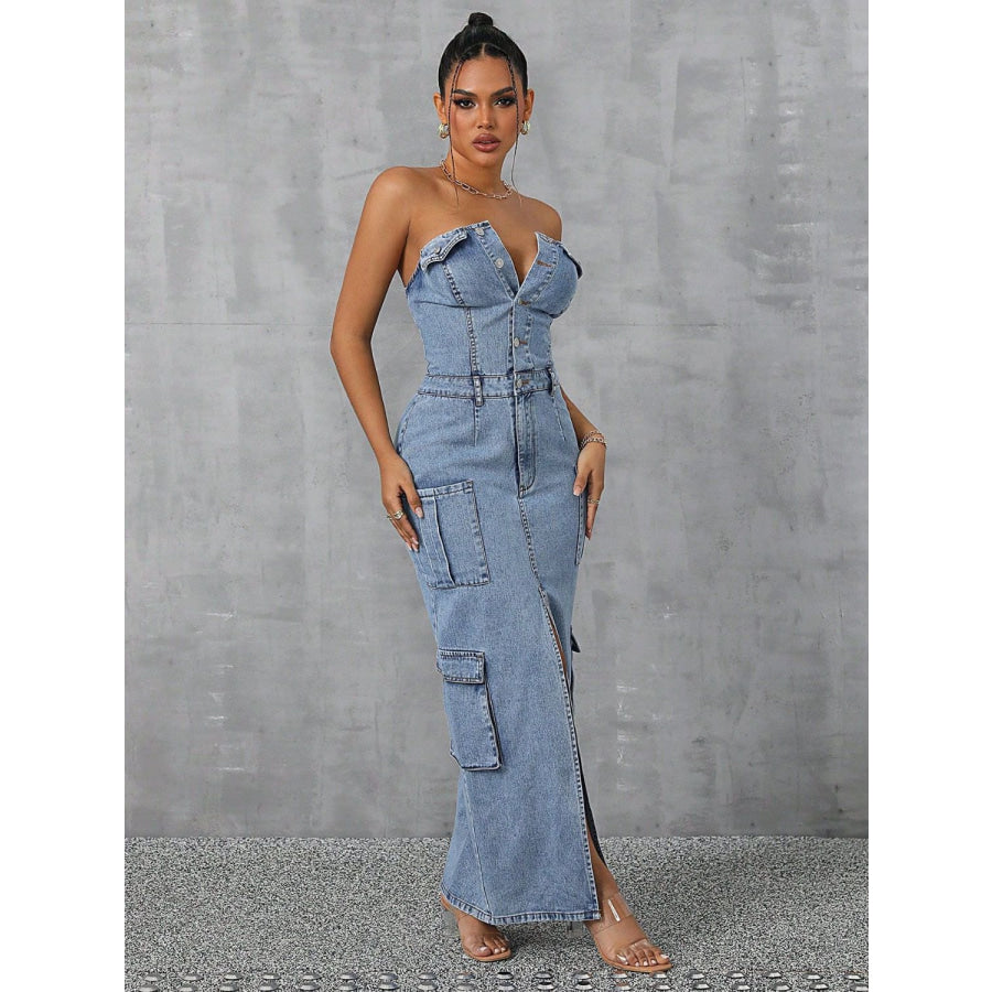 Slit Half Button Tube Denim Dress Apparel and Accessories