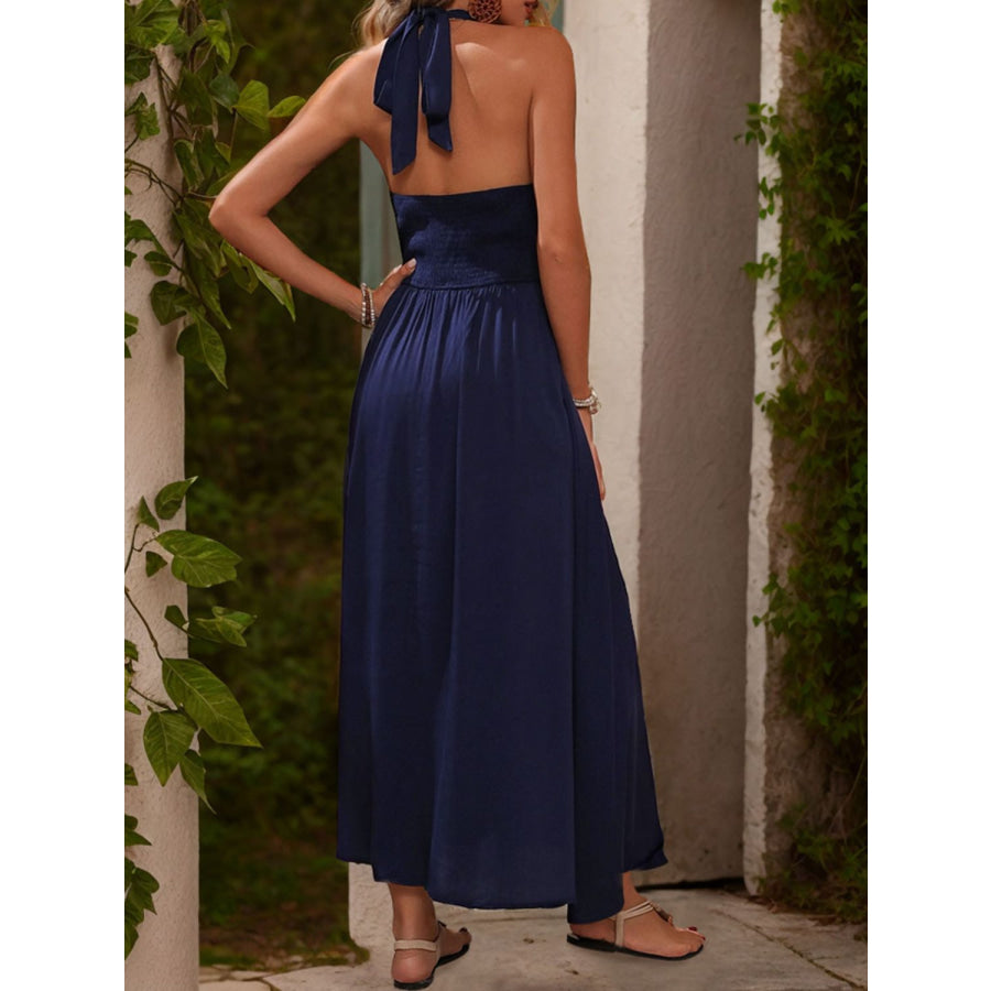 Slit Halter Neck Dress Dark Blue / S Apparel and Accessories