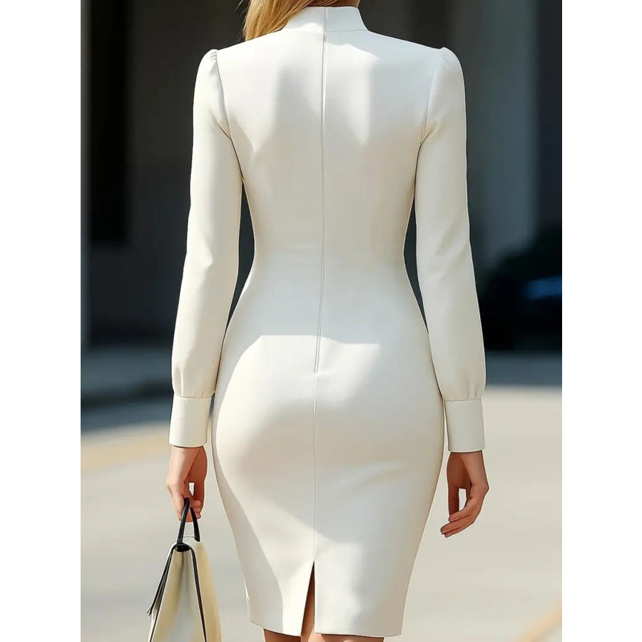 Slit High Neck Long Sleeve Dress Apparel and Accessories