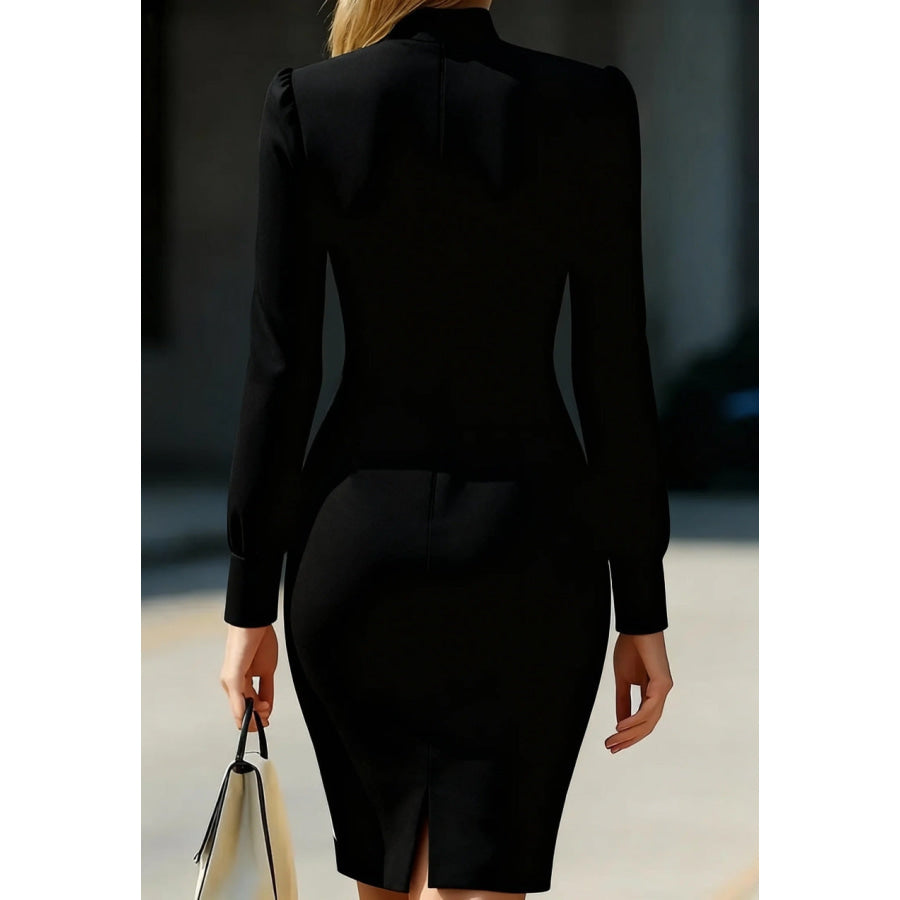 Slit High Neck Long Sleeve Dress Apparel and Accessories