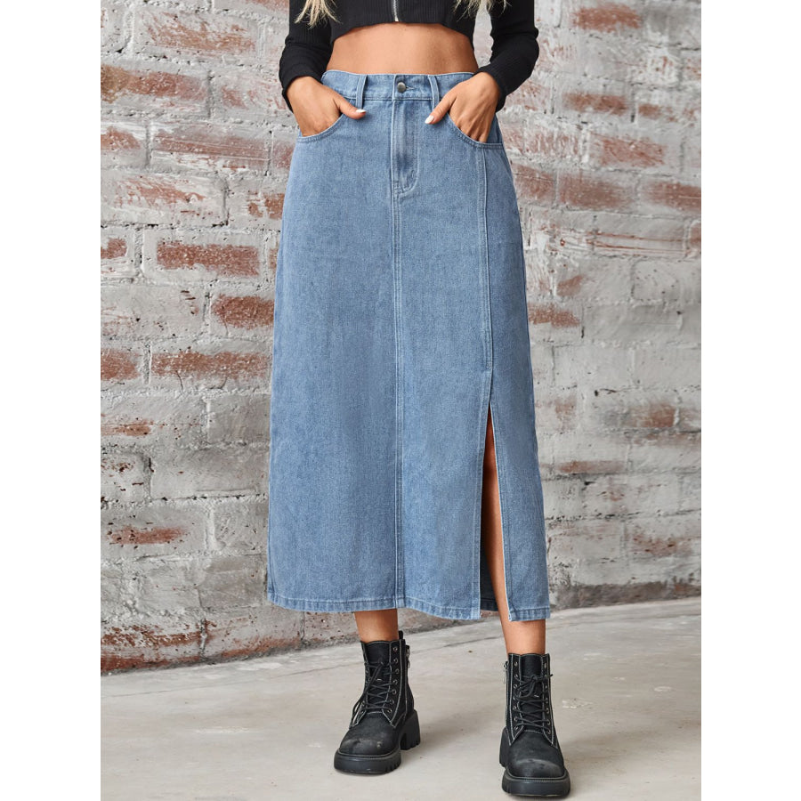 Slit High Waist Denim Skirt with Pockets Apparel and Accessories