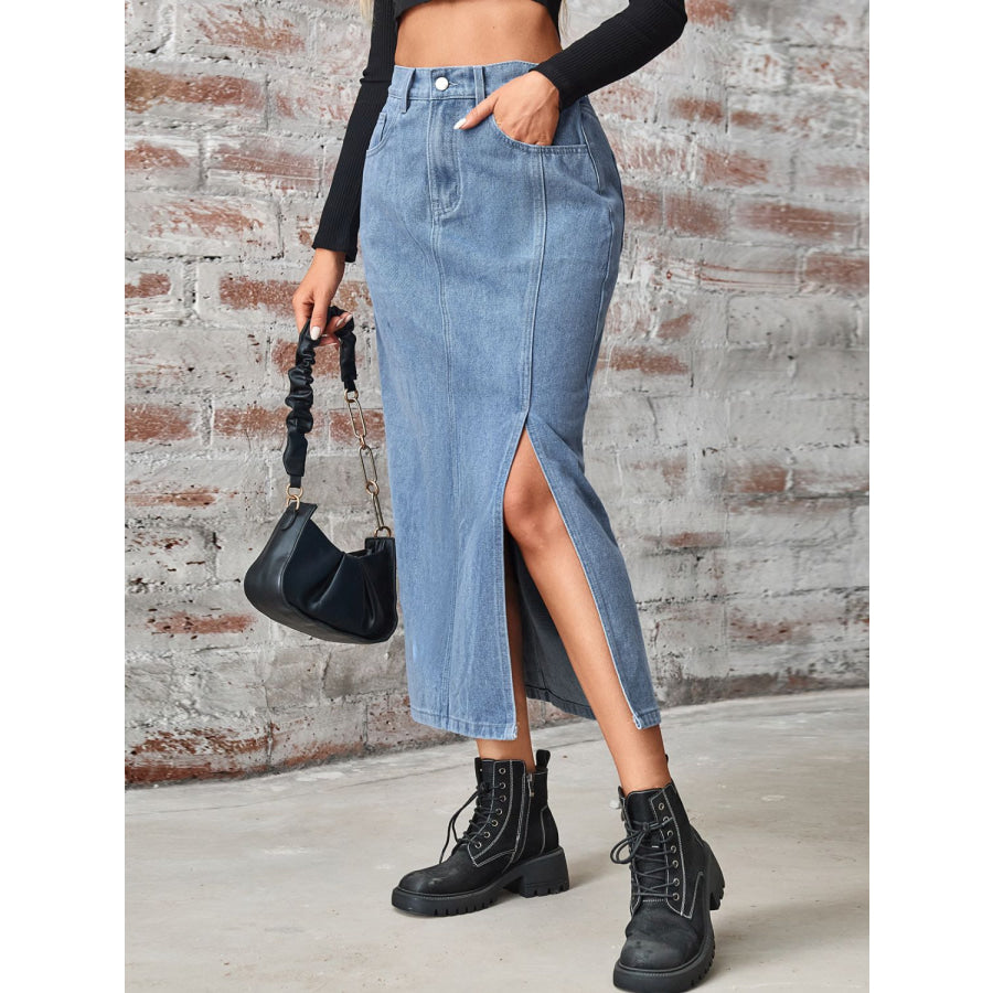 Slit High Waist Denim Skirt with Pockets Apparel and Accessories