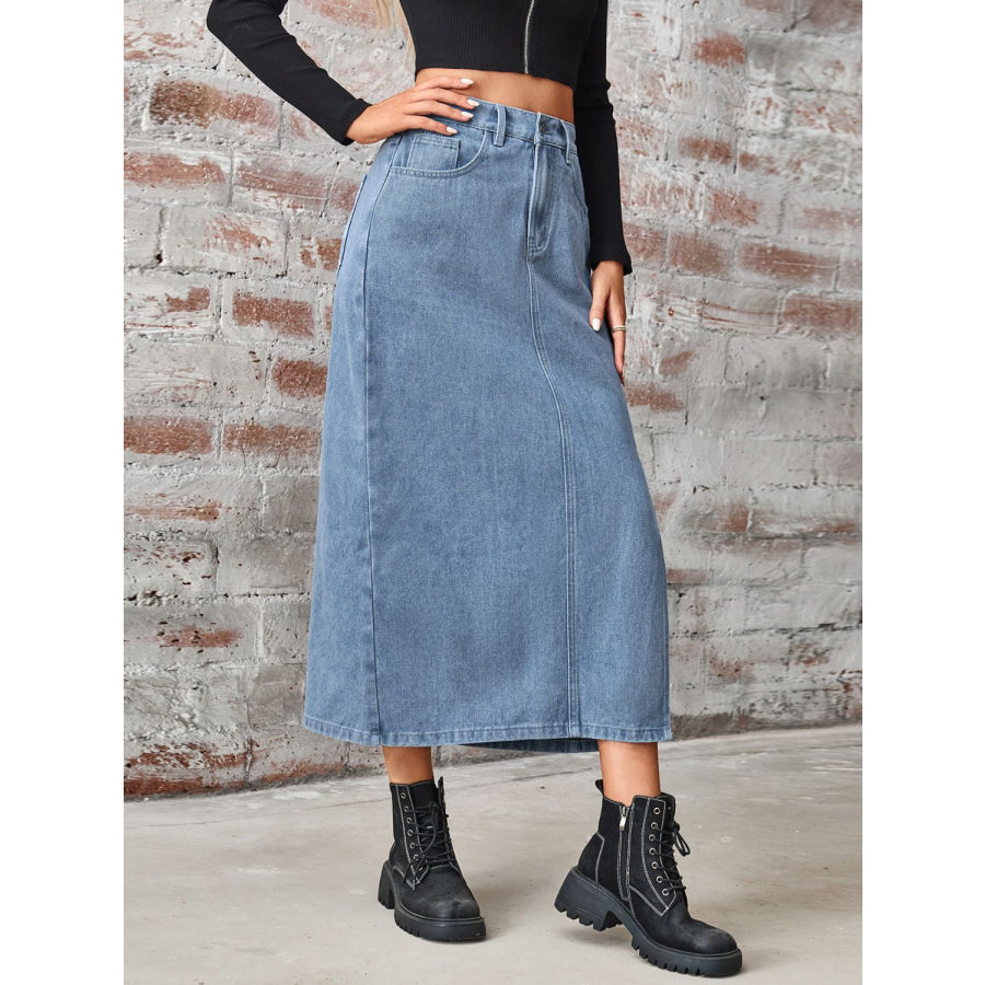 Slit High Waist Denim Skirt with Pockets Apparel and Accessories