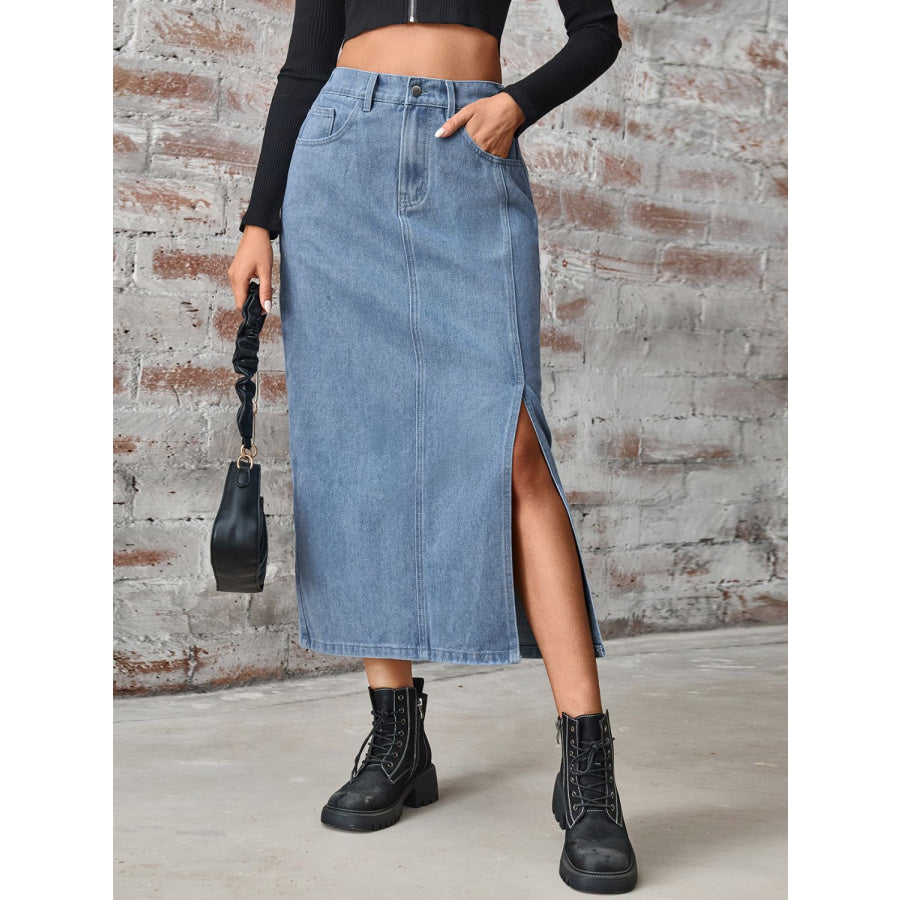 Slit High Waist Denim Skirt with Pockets Dusty Blue / S Apparel and Accessories