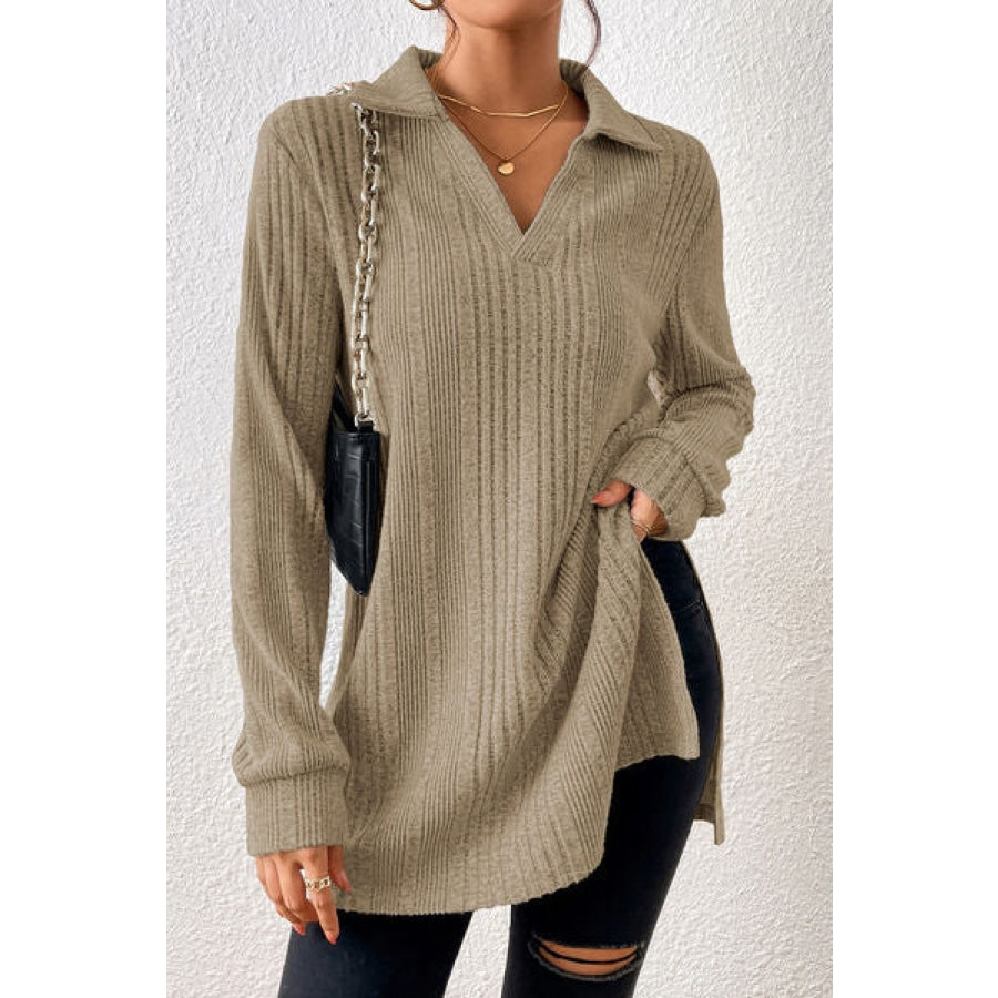 Slit Johnny Collar Long Sleeve Sweater Camel / S Clothing