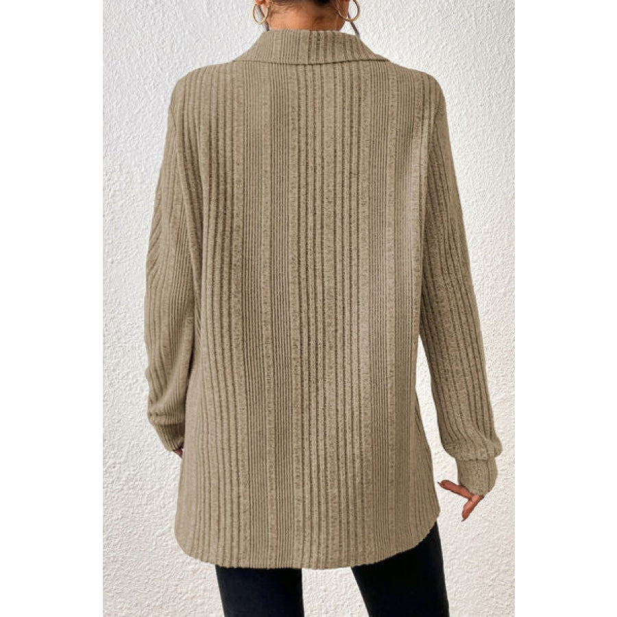 Slit Johnny Collar Long Sleeve Sweater Clothing