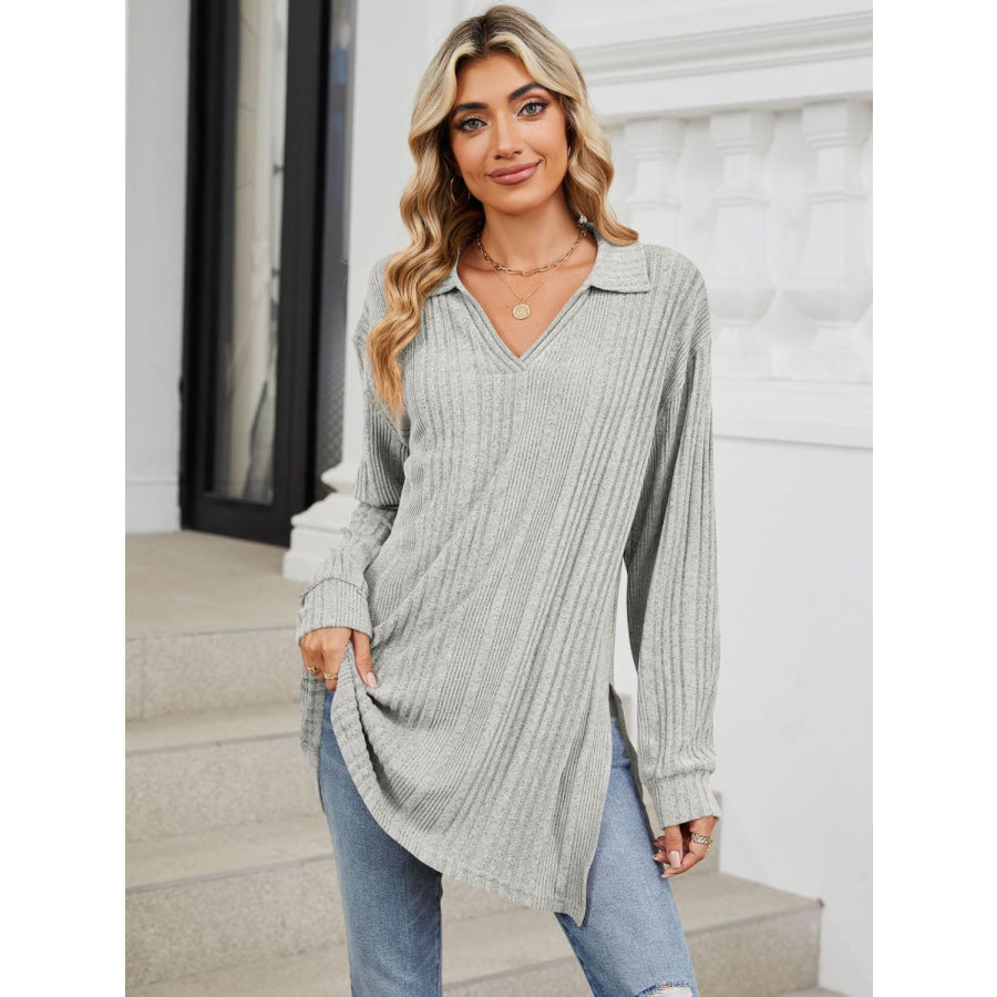 Slit Johnny Collar Long Sleeve T-Shirt Apparel and Accessories