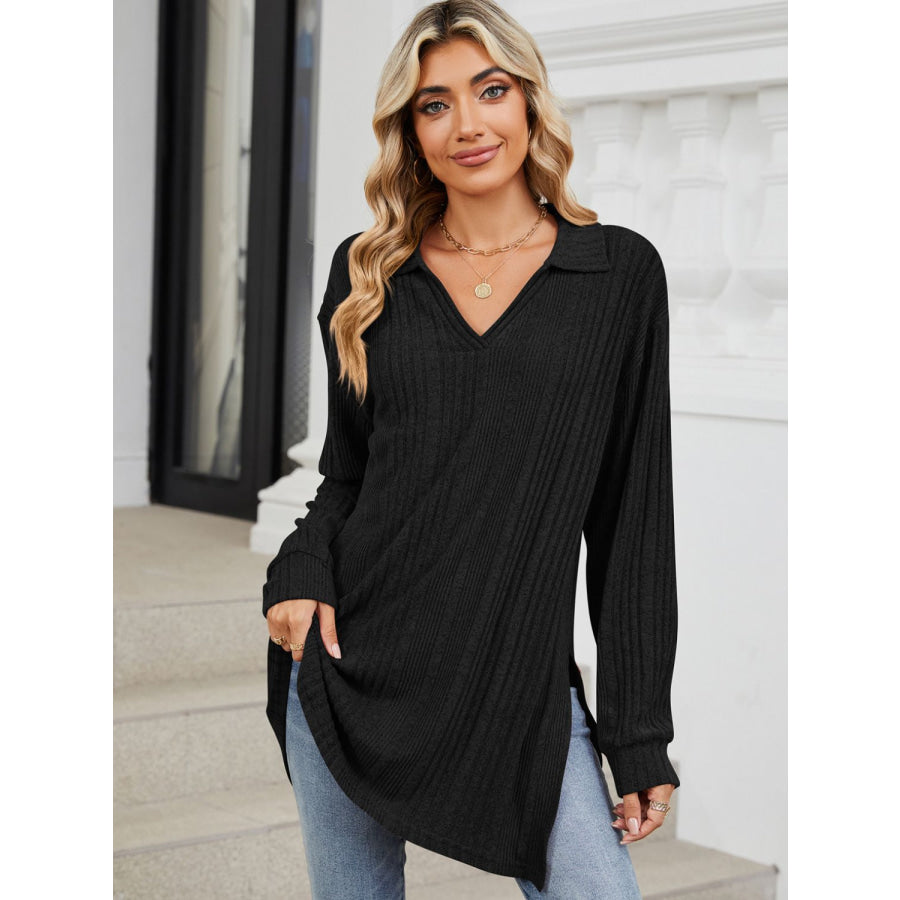 Slit Johnny Collar Long Sleeve T-Shirt Apparel and Accessories