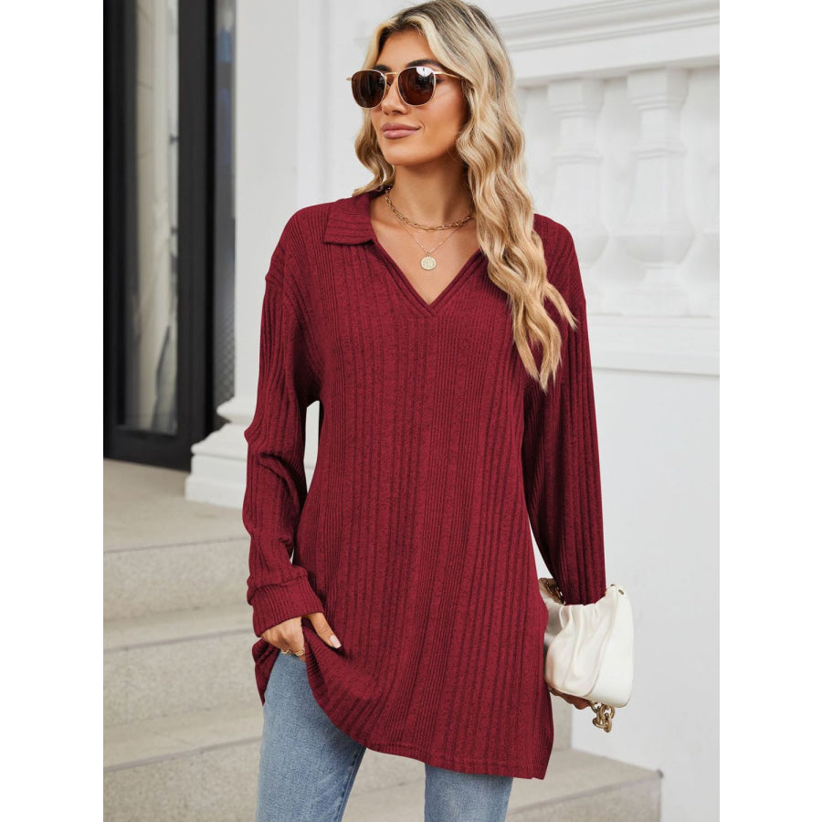 Slit Johnny Collar Long Sleeve T-Shirt Apparel and Accessories