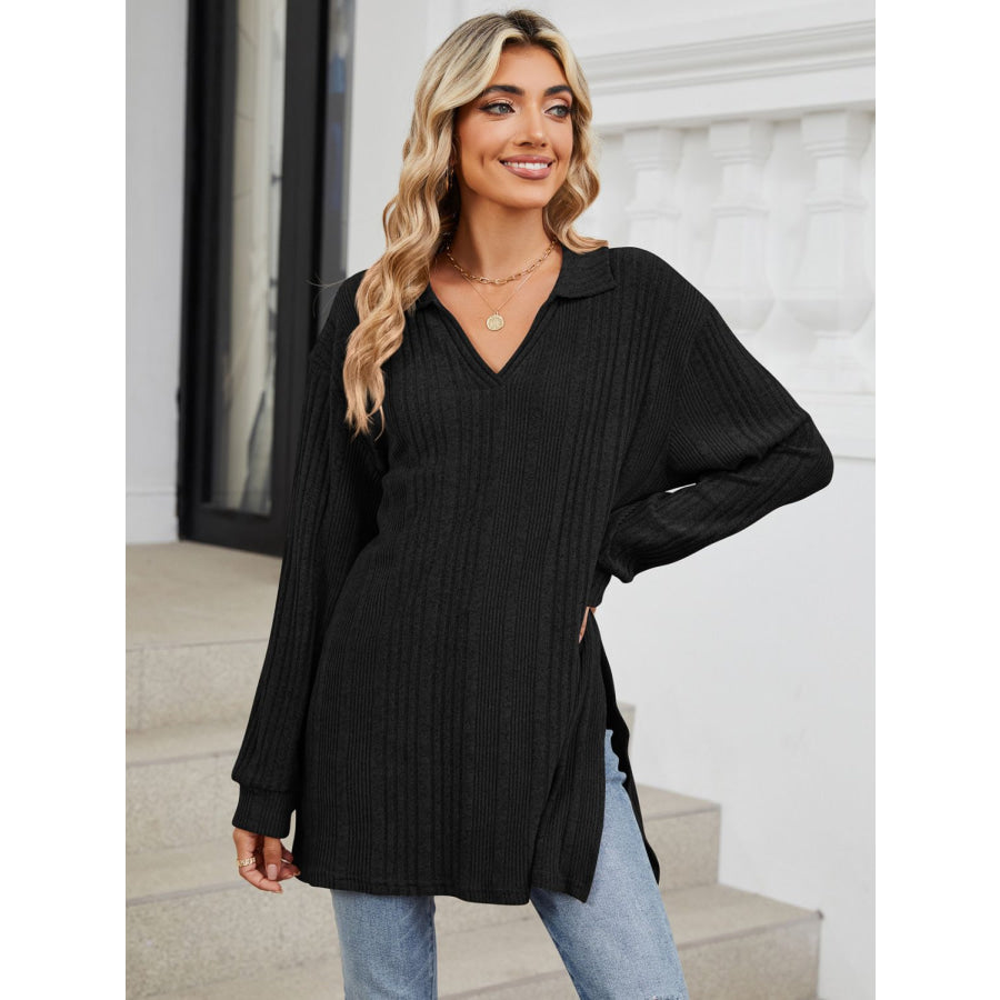 Slit Johnny Collar Long Sleeve T-Shirt Apparel and Accessories