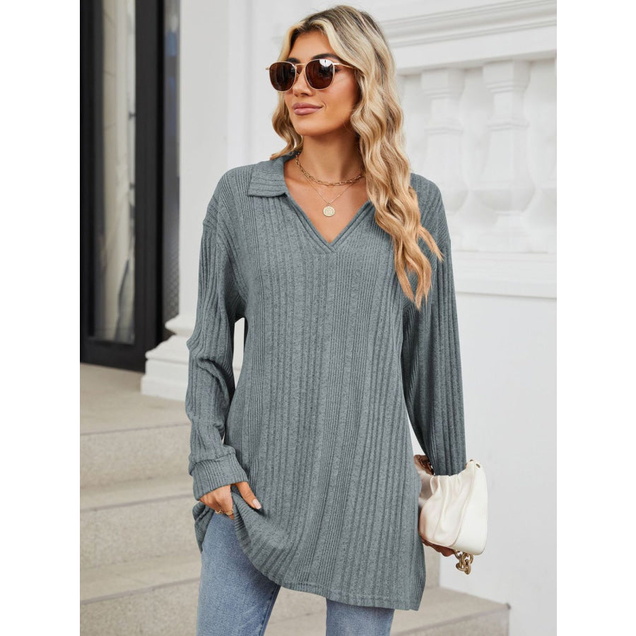 Slit Johnny Collar Long Sleeve T-Shirt Apparel and Accessories