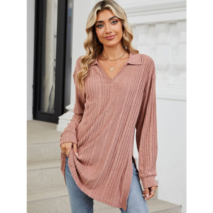 Slit Johnny Collar Long Sleeve T-Shirt Apparel and Accessories