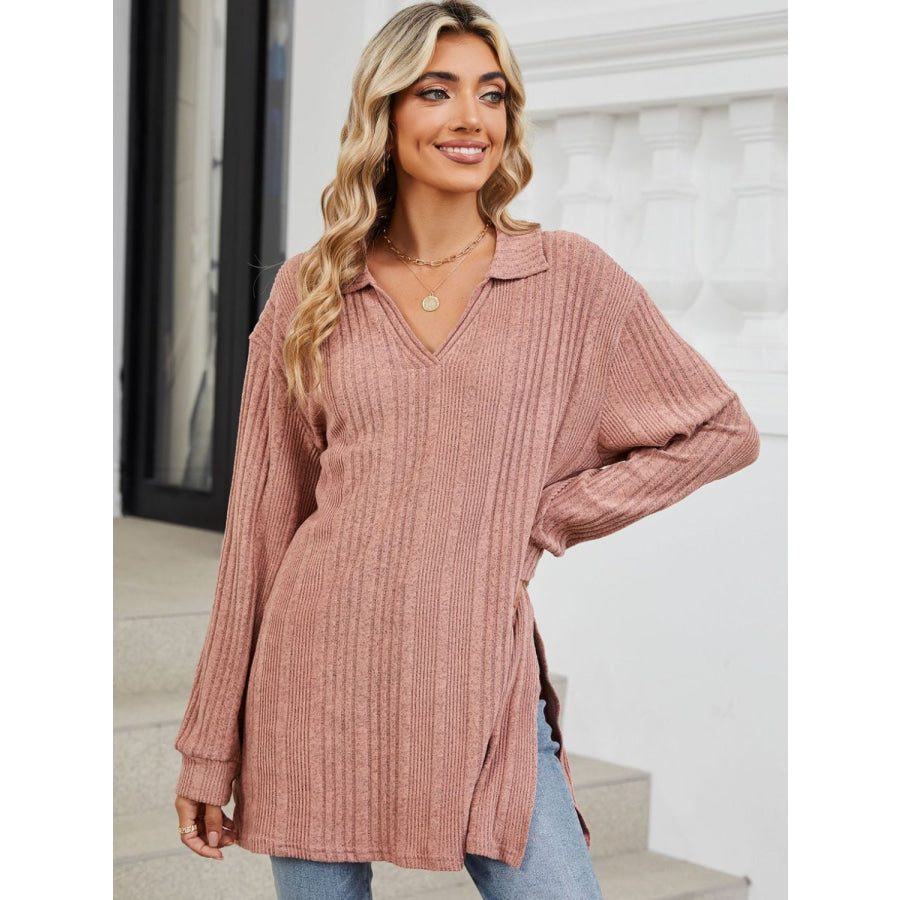 Slit Johnny Collar Long Sleeve T-Shirt Apparel and Accessories