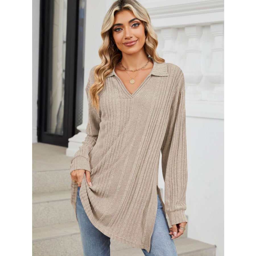 Slit Johnny Collar Long Sleeve T-Shirt Apparel and Accessories