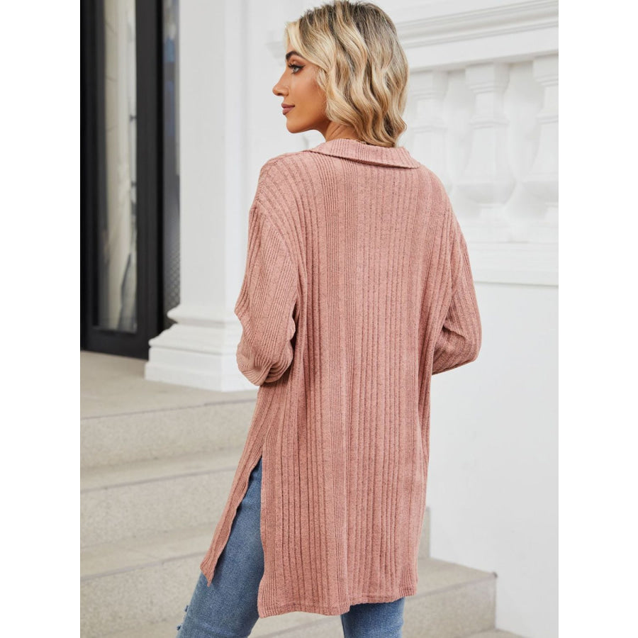 Slit Johnny Collar Long Sleeve T-Shirt Dusty Pink / S Apparel and Accessories