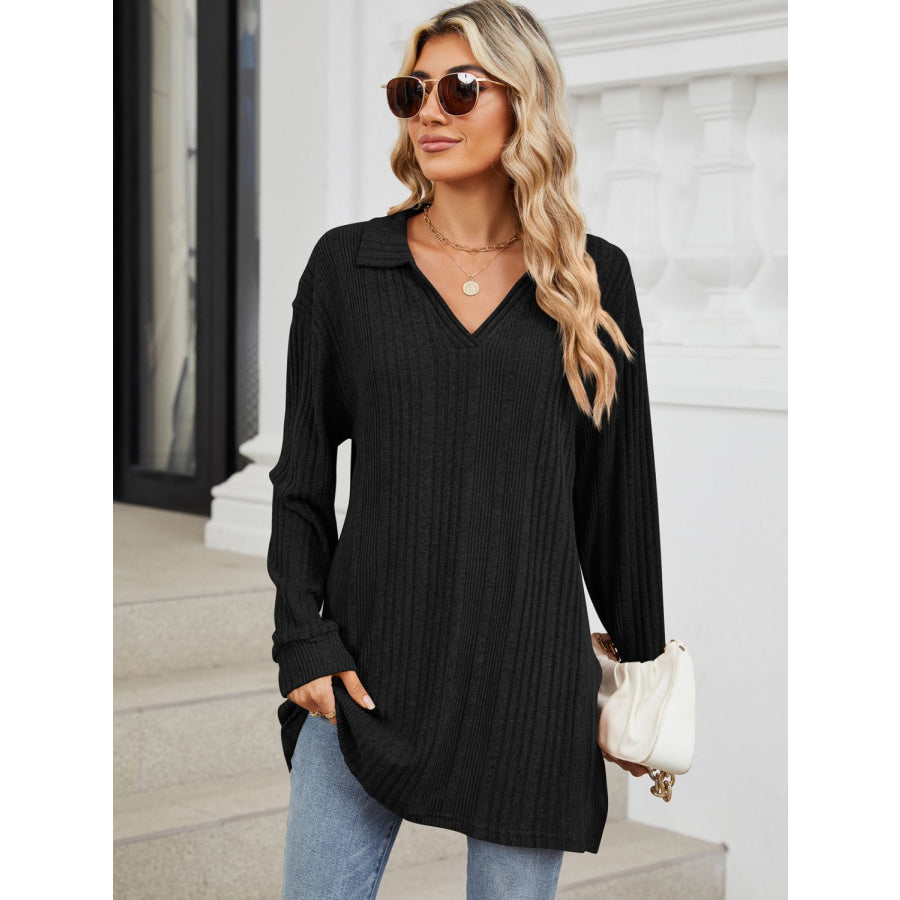 Slit Johnny Collar Long Sleeve T-Shirt Black / S Apparel and Accessories