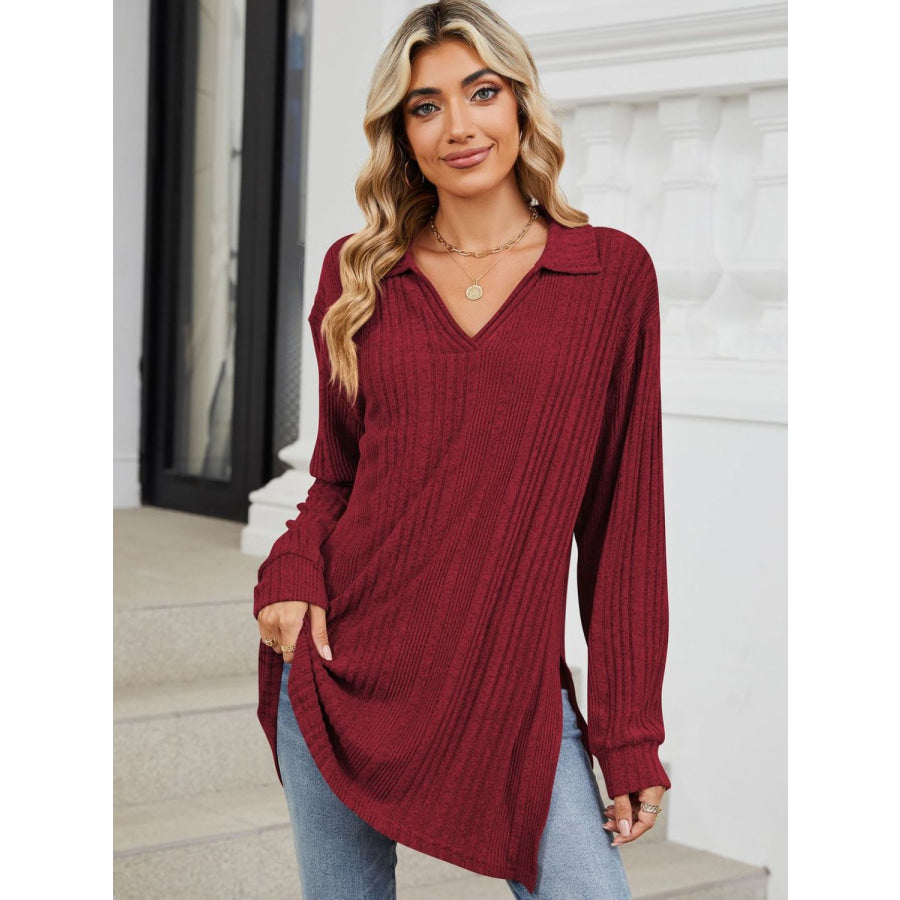 Slit Johnny Collar Long Sleeve T-Shirt Burgundy / S Apparel and Accessories