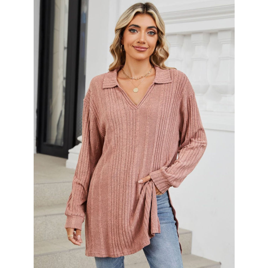 Slit Johnny Collar Long Sleeve T-Shirt Dusty Pink / S Apparel and Accessories