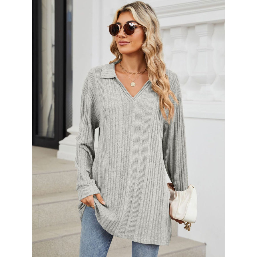 Slit Johnny Collar Long Sleeve T-Shirt Light Gray / S Apparel and Accessories