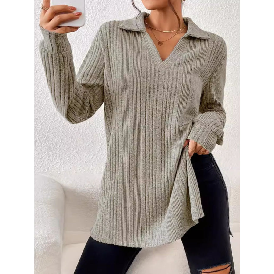 Slit Johnny Collar Long Sleeve Top Apparel and Accessories