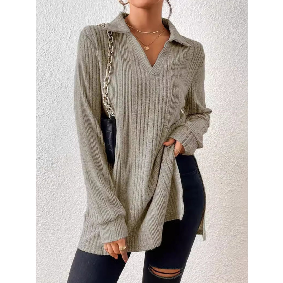 Slit Johnny Collar Long Sleeve Top Apparel and Accessories