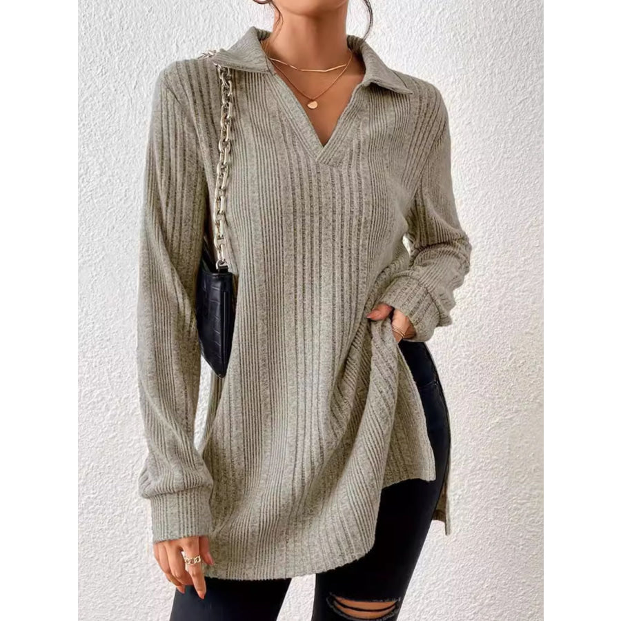 Slit Johnny Collar Long Sleeve Top Khaki / S Apparel and Accessories