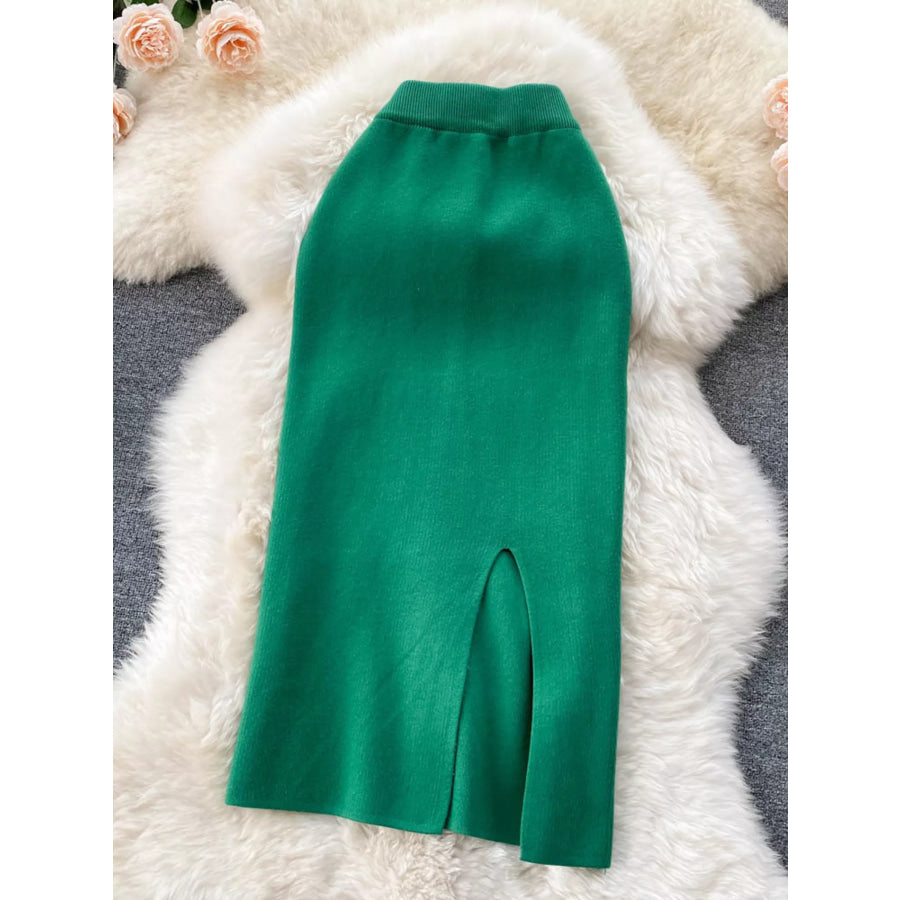 Slit Knit Midi Skirt Green / S Apparel and Accessories