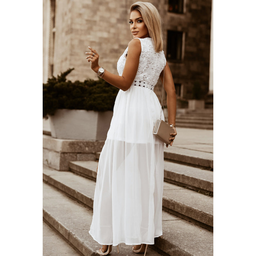 Slit Lace Detail V - Neck Dress White / S Apparel and Accessories