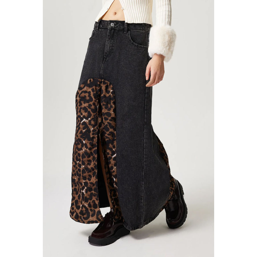 Slit Leopard Midi Denim Skirt Apparel and Accessories