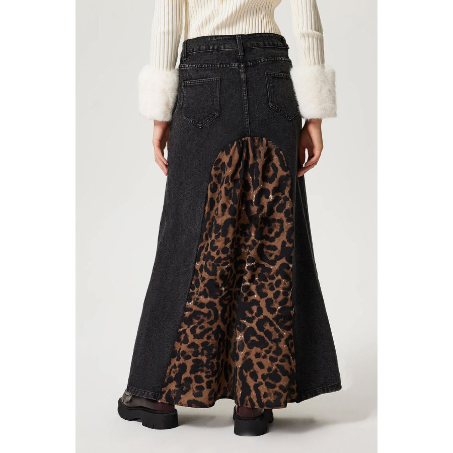 Slit Leopard Midi Denim Skirt Apparel and Accessories